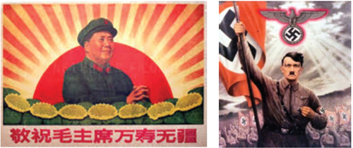 Propaganda Poster in Zusammenhang mit Mao Zedong und Adolf Hitler mit dem Urbild der aufgehenden Sonne