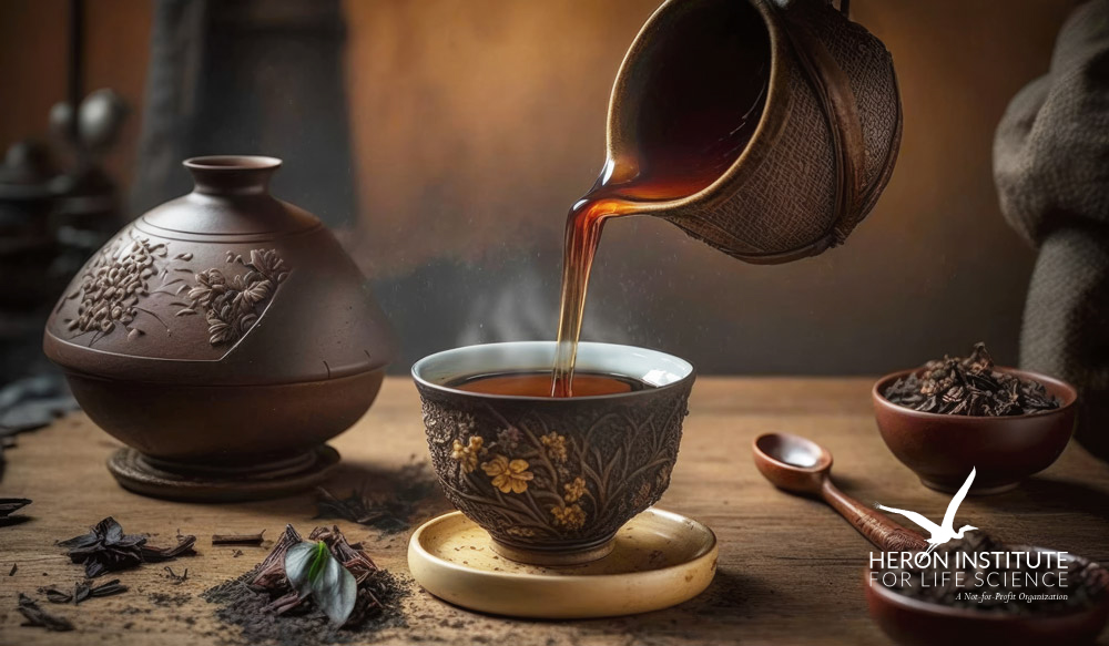 steaming hot tea is poured from a clay pot into a single cup